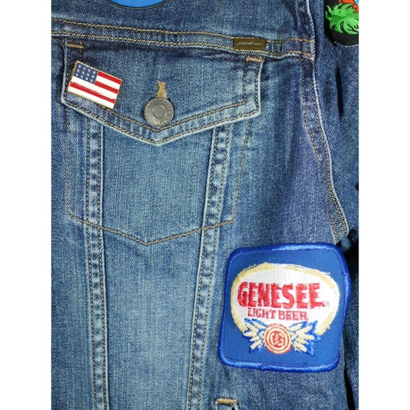 Eddie Bauer Denim Jean Jacket Patches Women XL Biker Bike Week Bands Beer - Picture 8 of 16